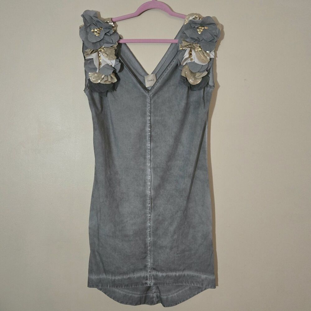 Archival (nude) Italy Grey Wash Cotton Shift Dress Floral Appliqué Y2K Revival